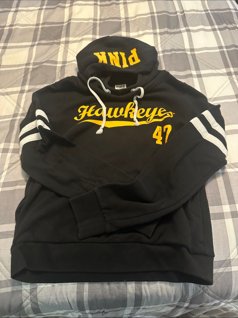 PINK Victoria's Secret Black Hoodie with Yellow Hawkeye Script